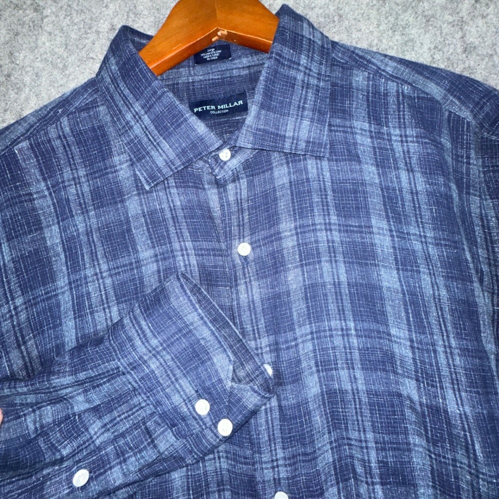 Peter Millar Shirt Mens L Blue Plaid Linen Cotton Blend Luxury Preppy EUC